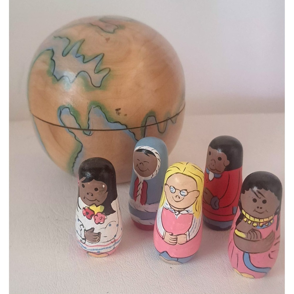 Globe Sphere World Painted Wooden Trinket Box 5 World People